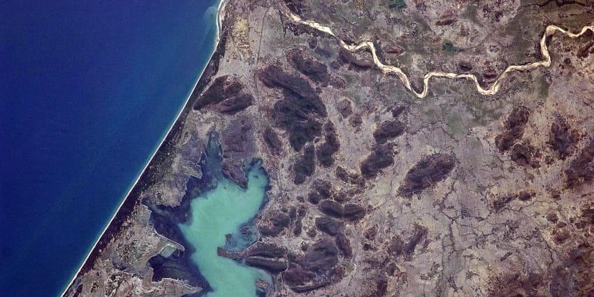 Chilika Lake in Odisha from an aerial satellite with area surrounding the lake in view near Atri hot spring