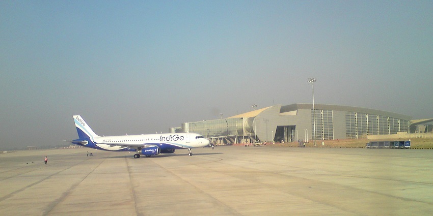A distant view of an Indigo aeroplane being landed at the Jaipur International Airport