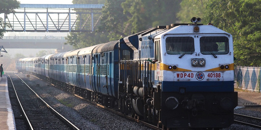 A still image of the Akola intercity express, passing through a railway station.