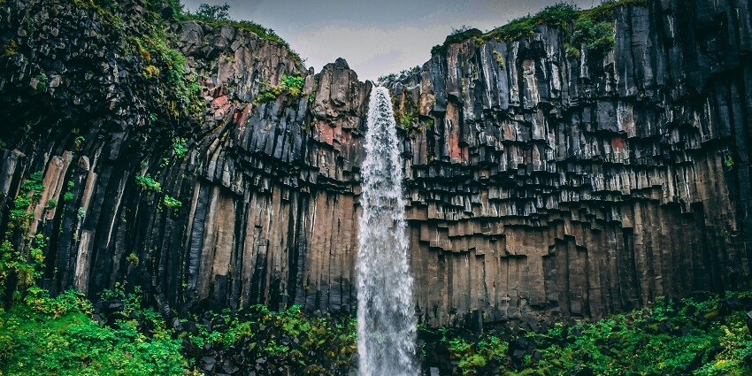 An image of Banyumala Twin waterfalls surrounded by lush green leaf plants and mountains.