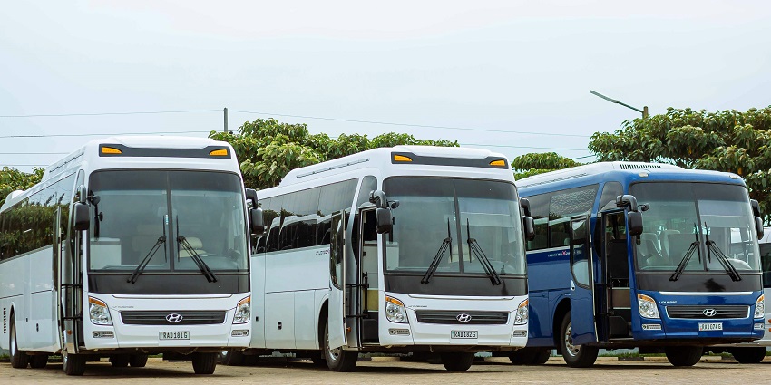 Snapshot of the buses standing on the bus stand surrounded by lush trees