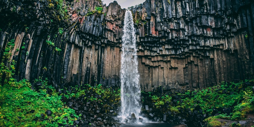The picturesque Khandi Waterfalls cascading through lush green foliage and plants.