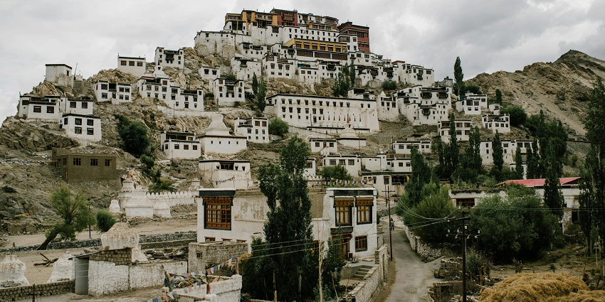View of the building of the monastery all situated on rugged terrains