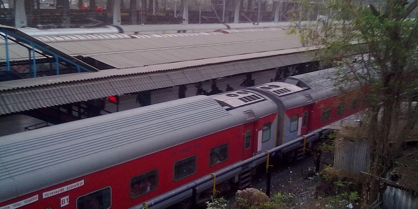 A view of TVC Rajdhani train arriving at Panvel railway station in Maharashtra, India.