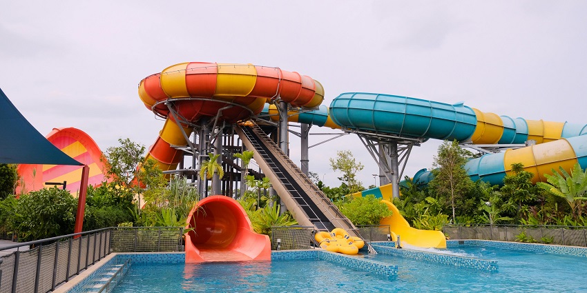 View of Paradise Funland water park showcasing colorful slides and pools
