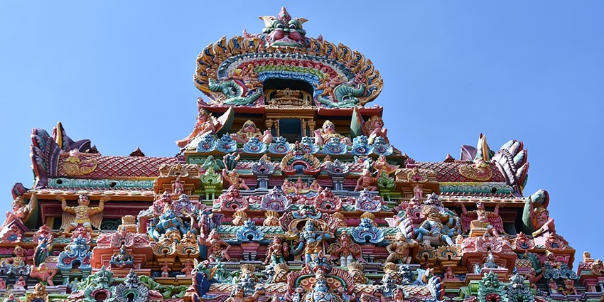 Close up view of the intricate carvings on the temple top of Srirangam temple