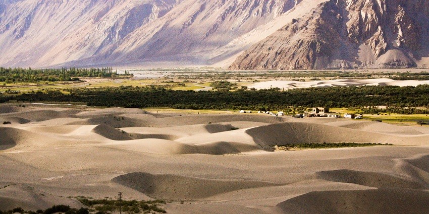 A picture of huge sand dunes in the Ladakh region near the Diskit Monastery