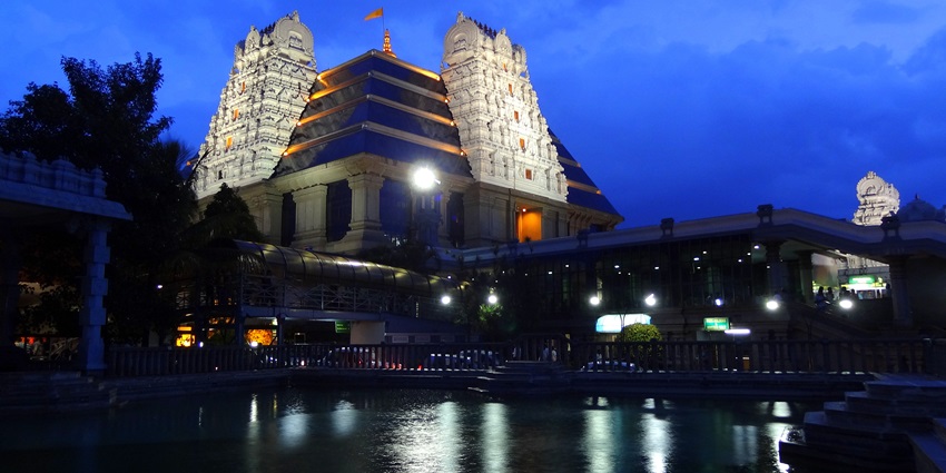 The enchanting beauty of ISKCON Temple at night is a must for what to do in Whitefield Bangalore.