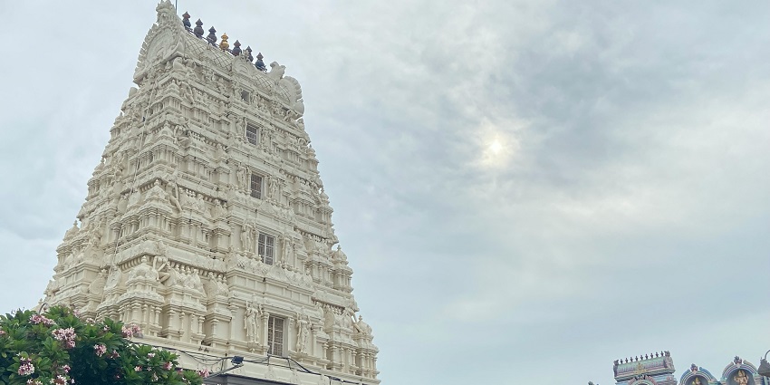 A glimpse of the majestic ISKCON Temple in Chennai showcasing intricate architecture.