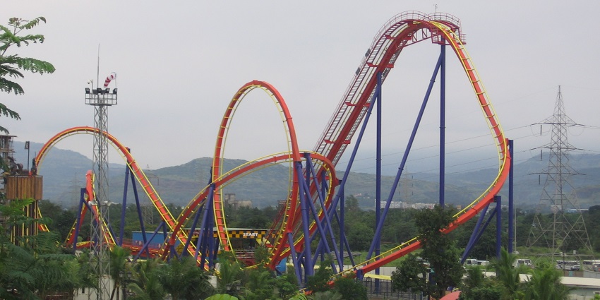 A vibrant roller coaster with exciting twists and turns at Imagica Adventure Park