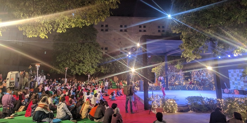 Image of storytelling event in IGNCA, an art museum in Delhi at night view
