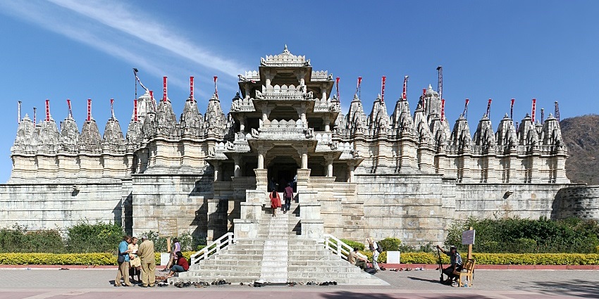A view showing numerous beautiful shikhars of Ranakpur Jain Temple in Rajasthan.
