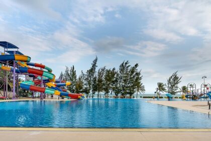 Image of colourful slide beside the swimming pool - explore Jamshedpur water park