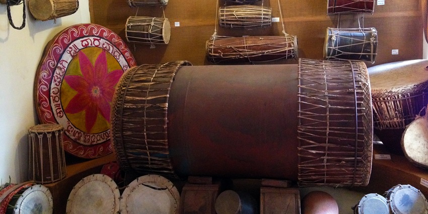 Percussion instruments of Karnataka in display at the Janapada Loka, showcasing rural Karnataka's heritage