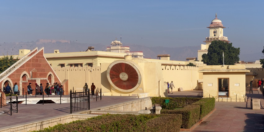 Jantar Mantar with monumental stone instruments used for astronomical observations near Hathroi Fort