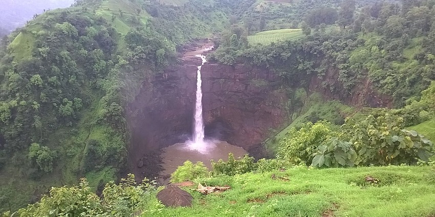 An aerial view of the Dabhosa Waterfall in Jawhar in Thane District, Maharashtra.