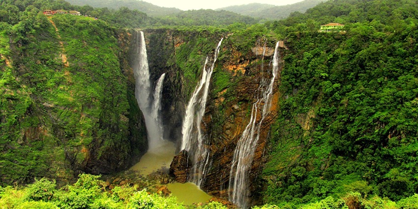 A magnificent view of Jog Falls in Karnataka, cascading down lush green cliffs in full monsoon flow.