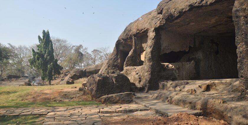 Scenic view of Jogeshwari Caves, showcasing their historic rock-cut architecture