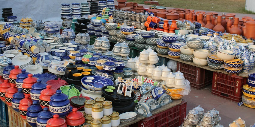 Assorted Ceramic Items on Display - Bustling Juna Bazaar in Lonavala, showcasing