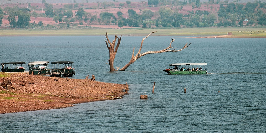 An enchanting view of shimmering blue waters decked with colourful boats in Kabini.