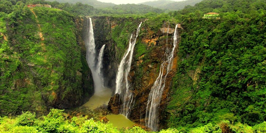 A glimpse of the majestic Kadambi waterfall is located amid Kudremukh National Park.