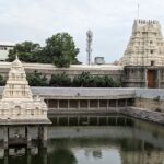 Close-up of Kamakshi Amman Temple with its intricate carvings and a holy pond