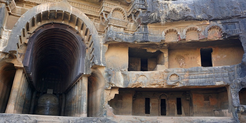 Entrance of the rock-cut Bhaja Buddhist Caves near Kamshet, Pune District, Maharashtra.