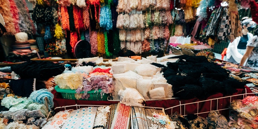 A view of the fabric textures put on a display in a retail outlet in Andhra Pradesh city.
