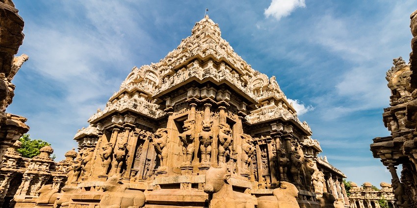 An image of the historic temple architecture in Kanchipuram, a peaceful town.