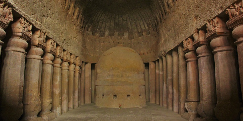 Explore the Kanheri Caves prayer hall, a tourist attraction near Essel World Water Park.