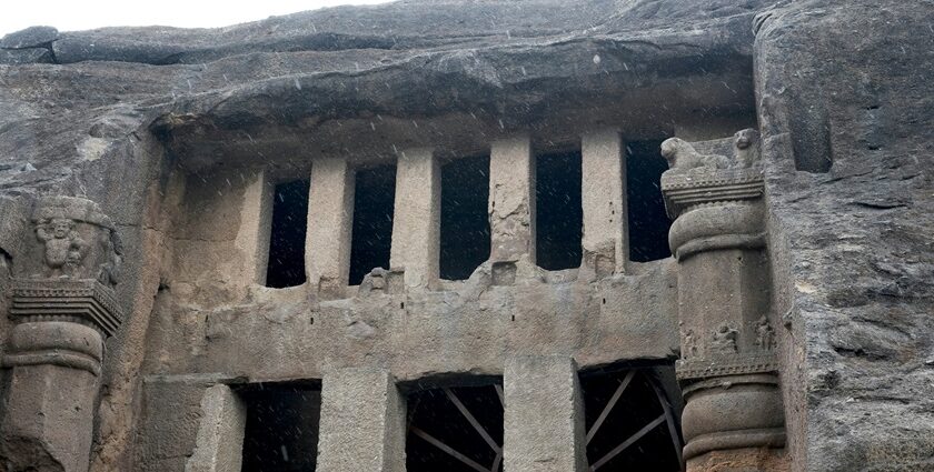 Scenic view of Kanheri Caves showcasing ancient rock-cut architecture.