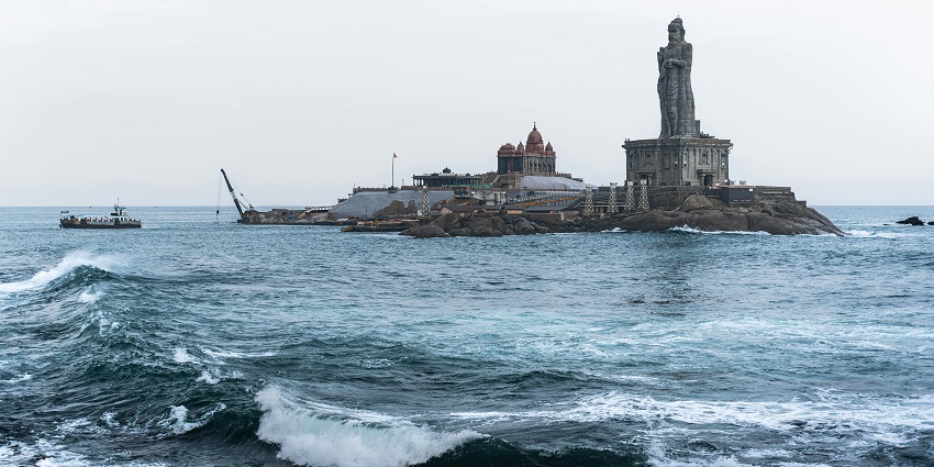 Peaceful view of Vivekananda Rock Memorial at Kanyakumari Beach, located in Tamil Nadu.