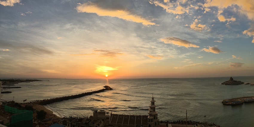 A beautiful view of sunrise at Kanyakumari, where three seas converge in stunning colours.