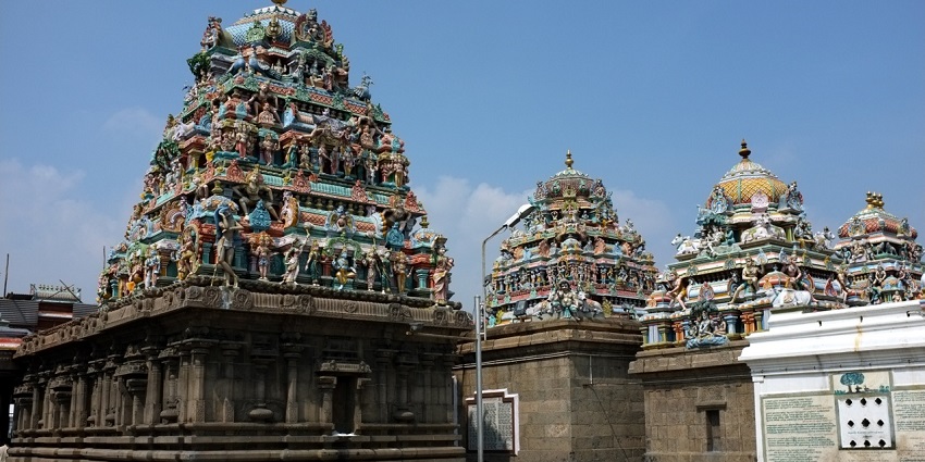 An image of Kapaleeshwarar Temple, featuring Dravidian architecture and intricate carvings.