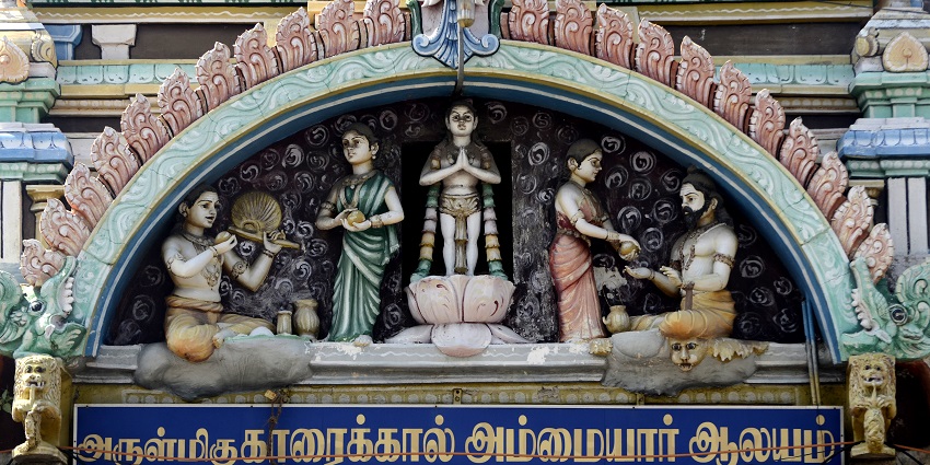 Stunning sculptures at the Karaikal Ammaiyar Temple, showcasing the architecture