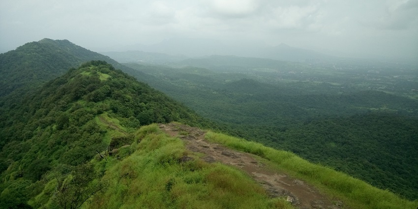 Scenic view of the lush green valleys from the top of the peak in Karnala Bird Sanctuary.
