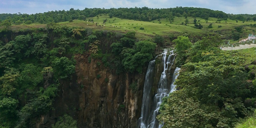 Lush Kashid Waterfall during monsoon, hidden tourist attractions near Kashid Beach.