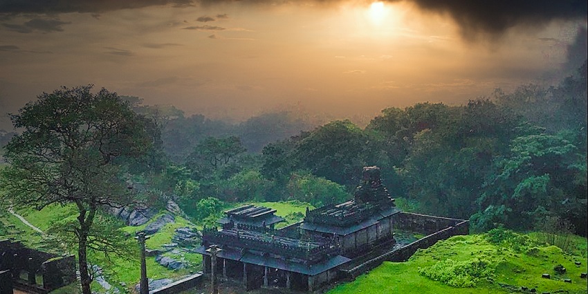 The ruins of a Jain Temple at Kavaledurga are surrounded by lush greenery