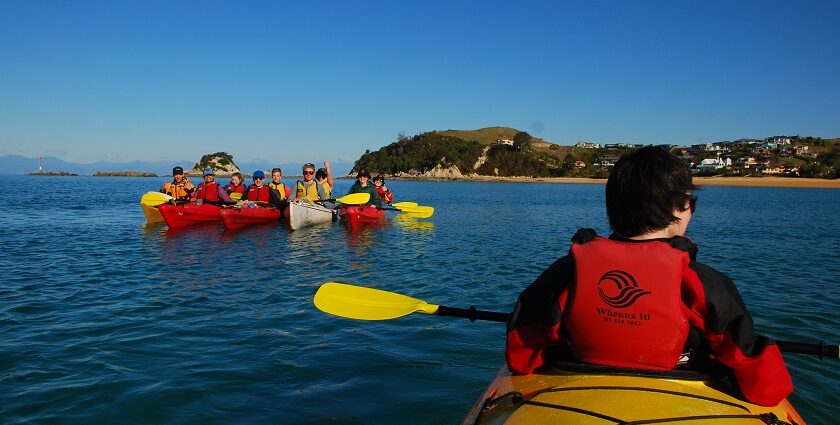 A group of people kayaking in Abel Tasman National Park's crystal-clear water amid hills.