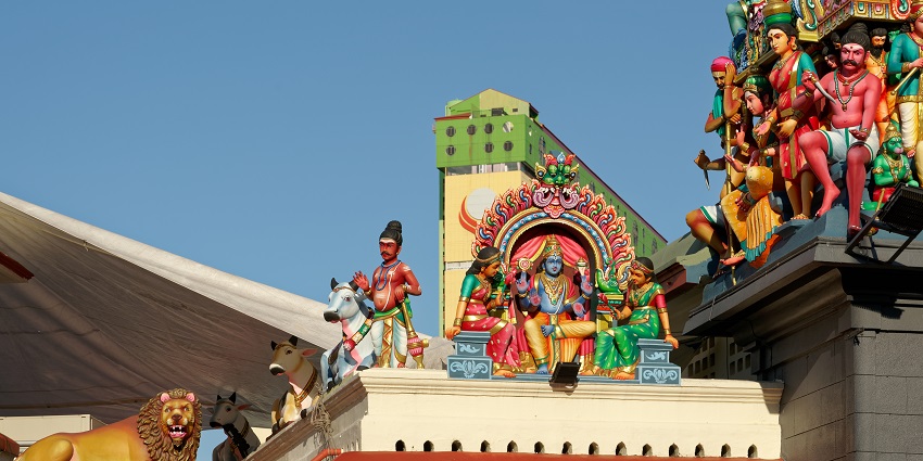 Vibrant temple celebrating Goddess Mariamman with colourful festivals