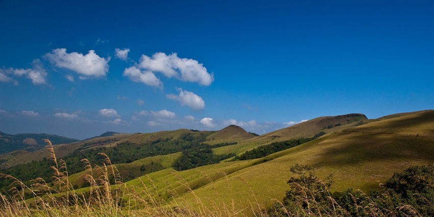 A serene view of Kemmanagundi featuring lush green forests and majestic peaks.
