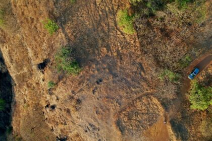 A bird’s eye view of majestic peaks dotted with lush greenery and rustic terrains.