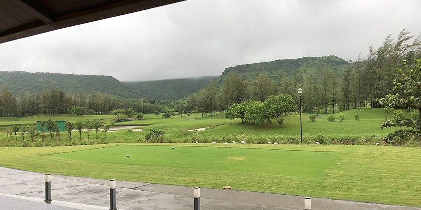 View from the cafeteria end overlooking tee off point at Kharghar Valley Golf Course