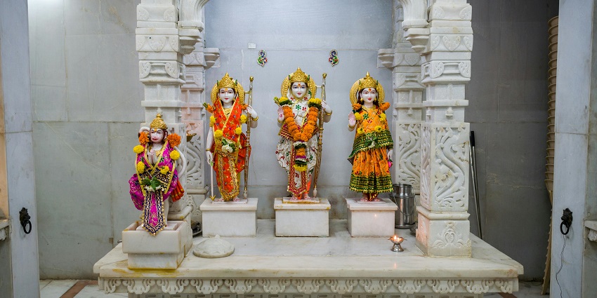Beautiful idols of Lord Rama, Goddess Sita, Lord Hanuman, and Laxman being worshipped at Khatlapura Mandir.