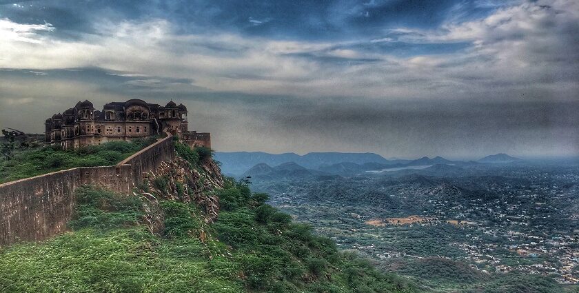 A distant view of Khetri Fort situated on a small hill overlooking the nearby region