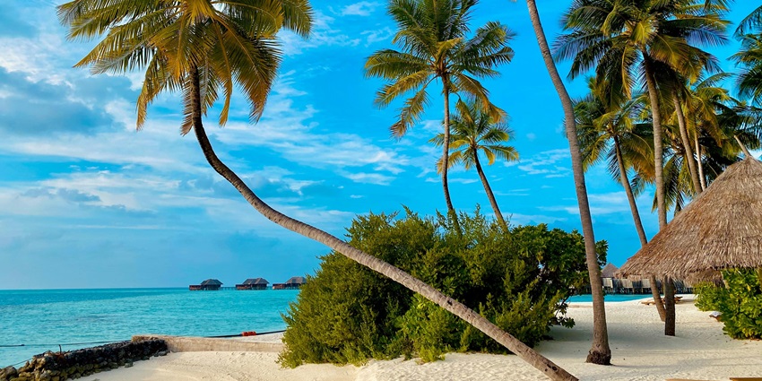 A view of an empty beach with calm ocean waves and clear blue skies.