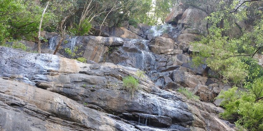 Visitors admire the cascading Kiliyur Falls surrounded by lush green landscapes.