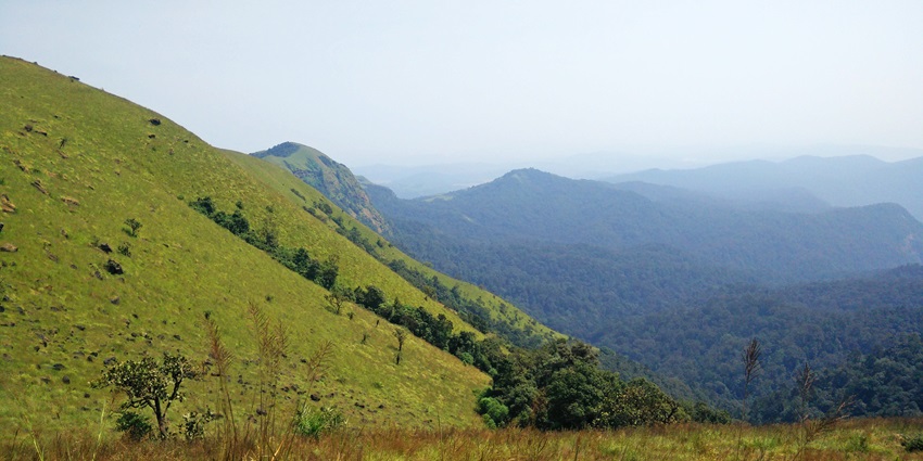 An aerial view of Kodachadri featuring majestic mountains and lush green meadows.