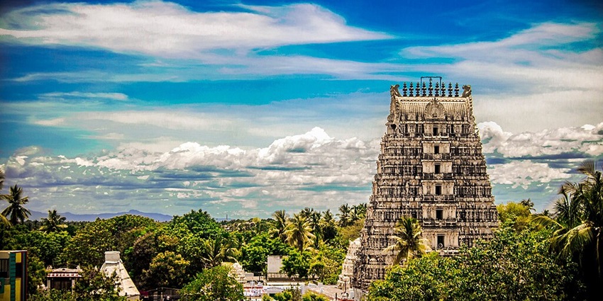 A view of the Kodandarama, one of the important temples in Tamil Nadu with red and white domes.