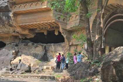 View of the ancient rock-cut Kondana Caves in Maharashtra, India